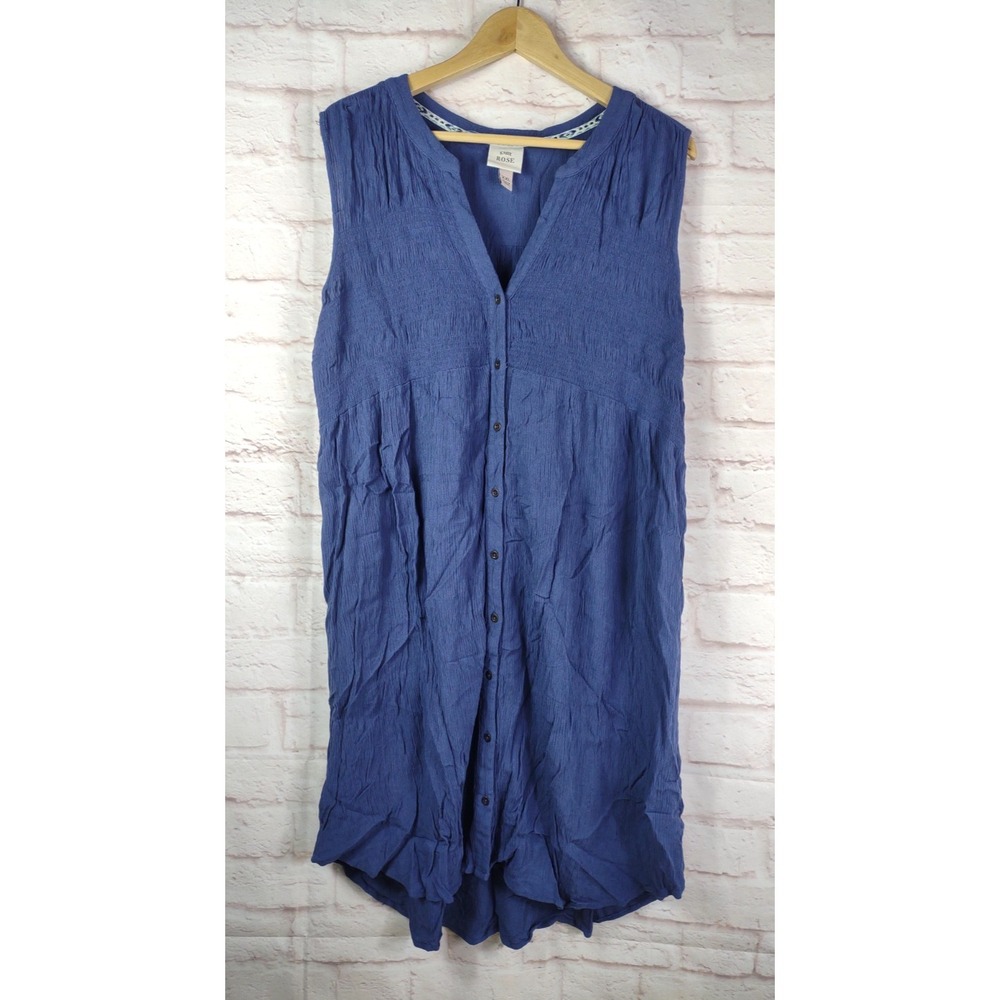 Knox Rose Womens Peasant Shirt Dress Size XXL Blue Sleeveless Smocked Boho